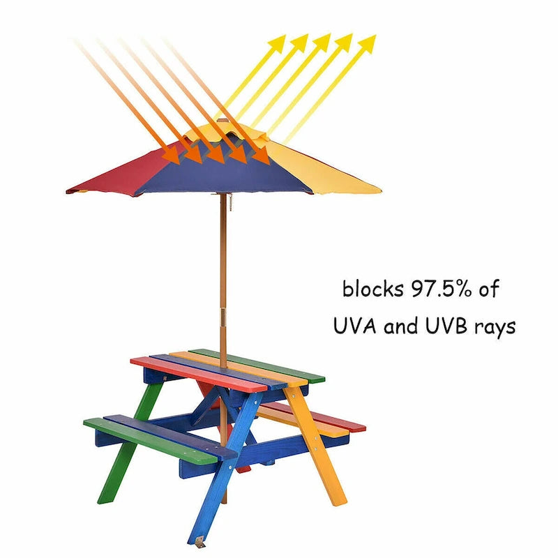 Costway 4-Sitzer Kinderpicknicktisch mit Sonnenschirm, faltbar für Garten und Hof