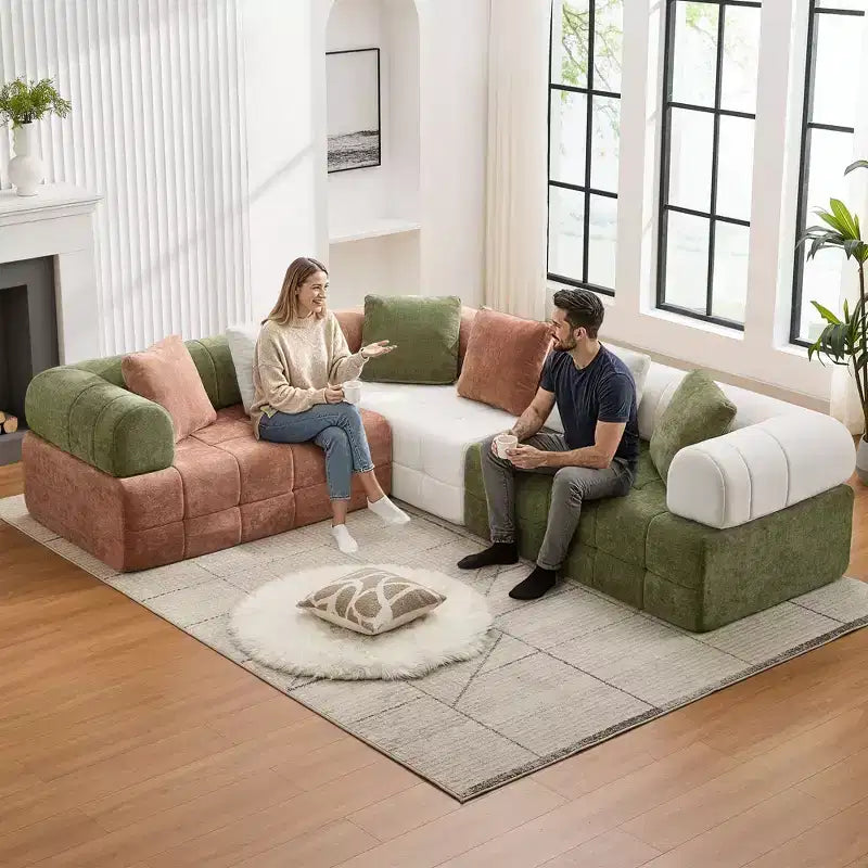 280 cm breites, modulares 4-Sitzer-Sofa aus Chenille im Colorblock-Design mit geschwungenen Armlehnen