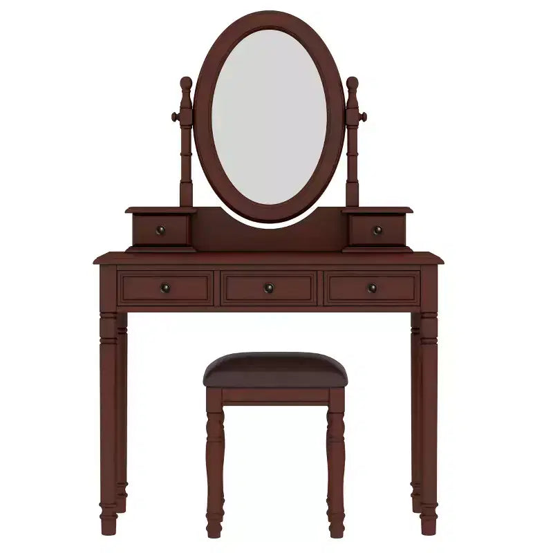 Okak Vintage Holzkosmetiktisch mit verstellbarem Spiegel, Schminktisch mit 5 Schubladen und gepolstertem Hocker, Frisiertisch für das Schlafzimmer