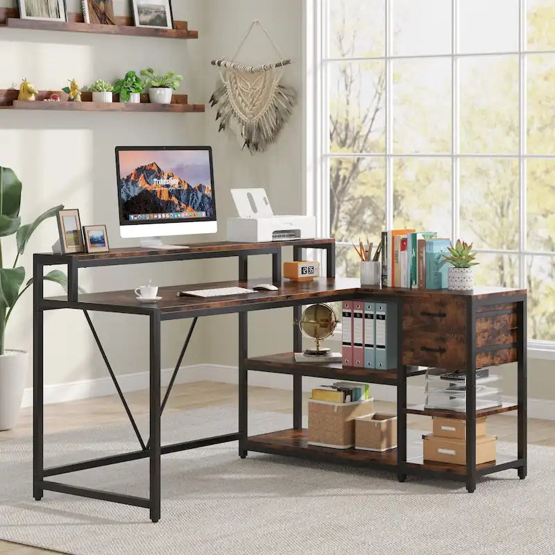 L-förmiger Schreibtisch mit Schublade, Eckschreibtisch für das Home-Office mit Ablagefächern und Monitorständer, rustikaler PC-Tisch für kleine Räume