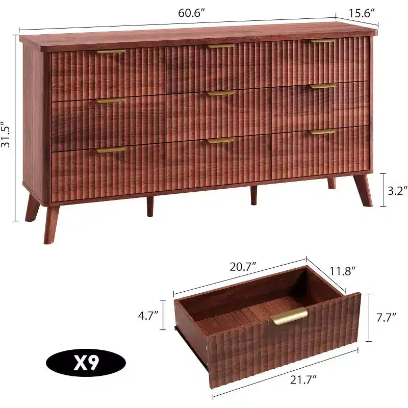 Geriffelte 9-Schubladen-Kommode, 60,6 breite Holzkommode mit tiefem Stauraum, für Schlafzimmer, Wohnzimmer oder Flur