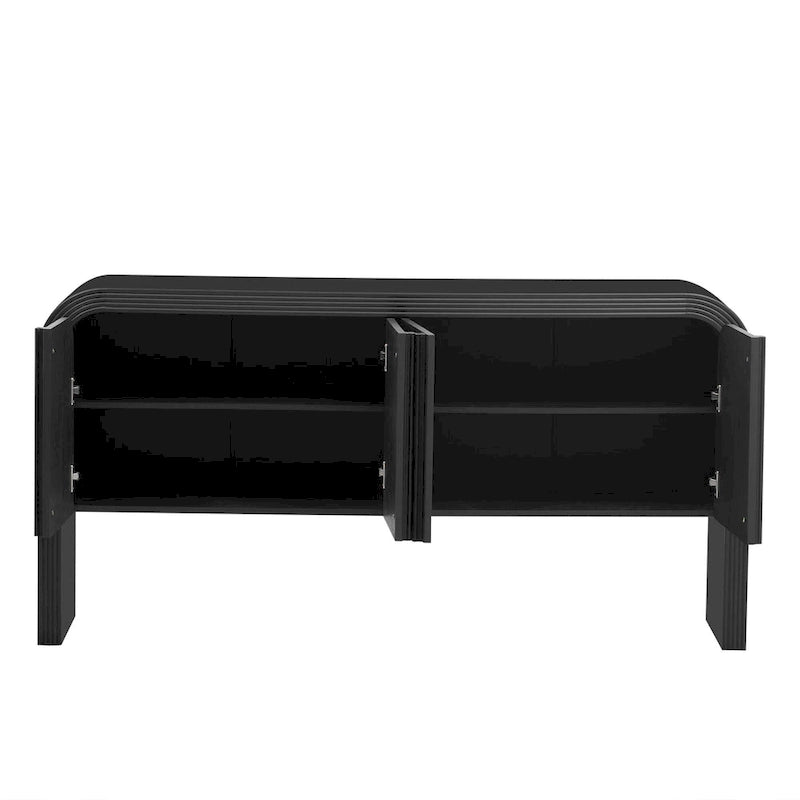 Geschwungenes Aufbewahrungsschrank-Sideboard mit 4 gestreiften Türen und verstellbaren Einlegeböden, moderner Flurschrank mit Kiefernholzbeinen