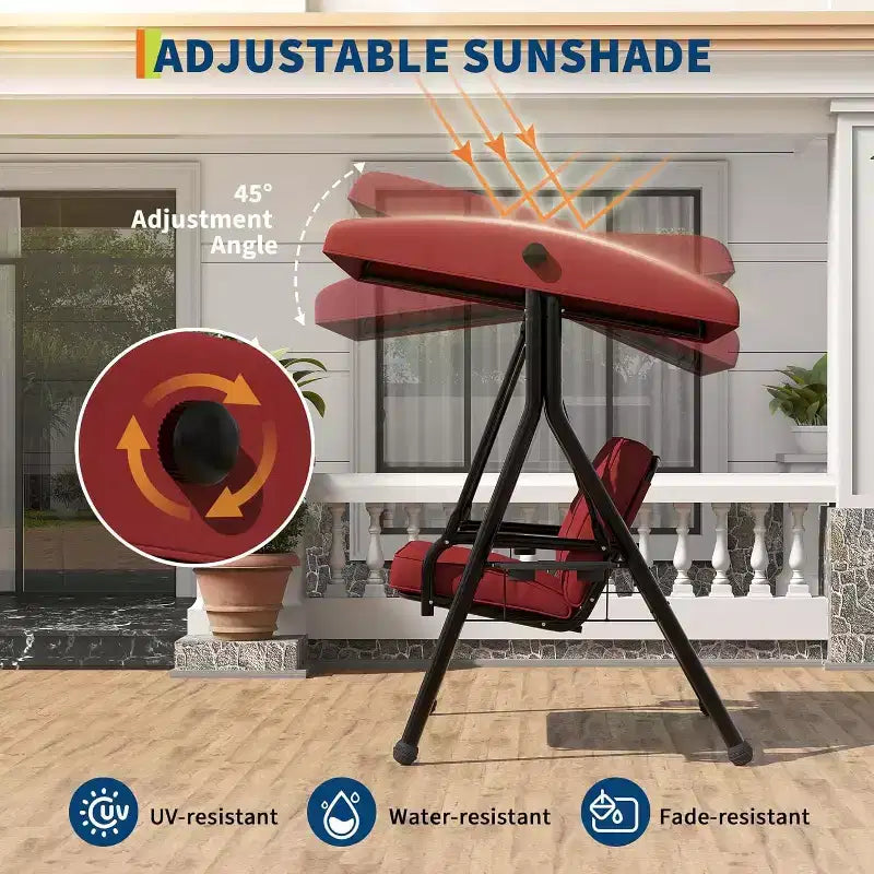 Verstellbarer Outdoor-Doppelsitz-Schaukelstuhl mit Sonnendach, gepolsterter Sitzfläche und robustem Eisengestell – wetterbeständige Gartenbank für Terrasse, Balkon oder Garten