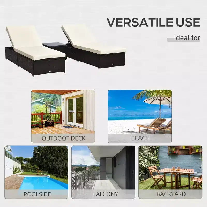 Set aus 2 Sonnenliegen mit 5-fach verstellbarer Rückenlehne, Outdoor-Couchtisch, wasserabweisenden Polstern und PE-Rattan-Geflecht für den Poolbereich