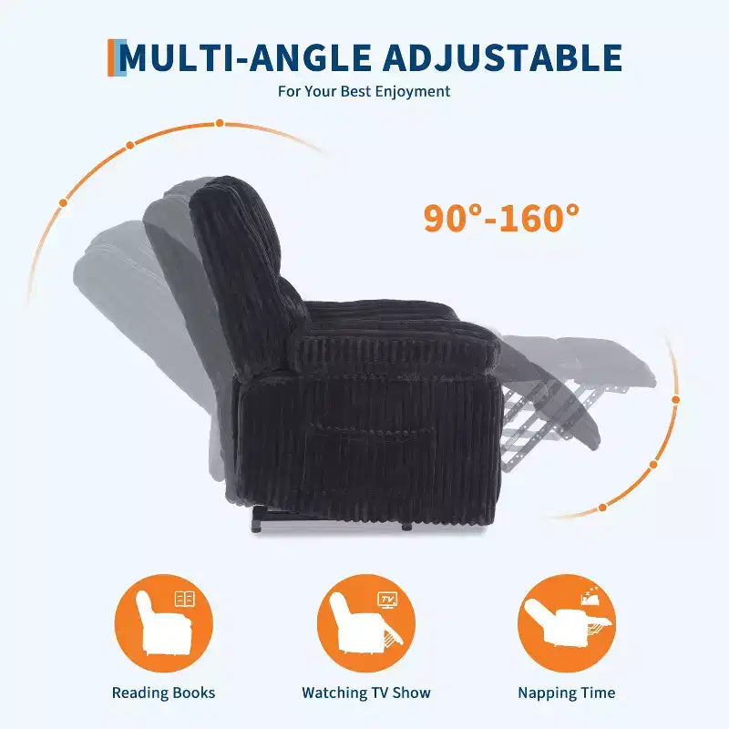 Kordsessel, manueller Relaxsessel mit Hebel, gepolsterte Armlehnen, dicke Polsterung, Seitentasche, Wohnzimmer, Schlafzimmer, Heimkino, Dunkelgrau