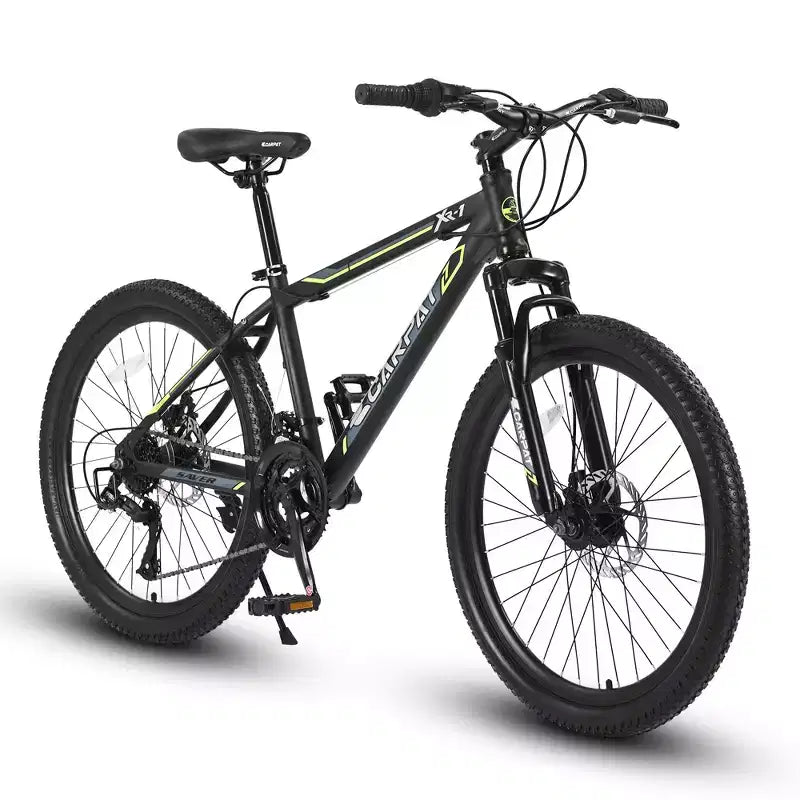 Okak 24 Zoll Mountainbike mit Stahlrahmen, Kinderfahrrad mit Shimano 21-Gang-Schaltung, doppelten Scheibenbremsen und Vordergabel-Federung, Fahrrad für Jugendliche