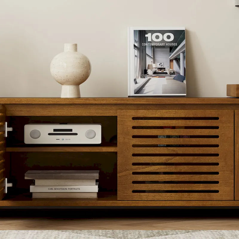 Erweiterbarer Mid-Century TV-Schrank mit 4 Staufächern und Lochtür für Wohnzimmer-Entertainment-Center