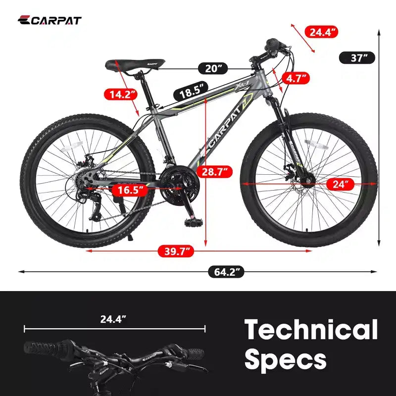 Okak 24 Zoll Mountainbike mit Stahlrahmen, Kinderfahrrad mit Shimano 21-Gang-Schaltung, doppelten Scheibenbremsen und Vordergabel-Federung, Fahrrad für Jugendliche