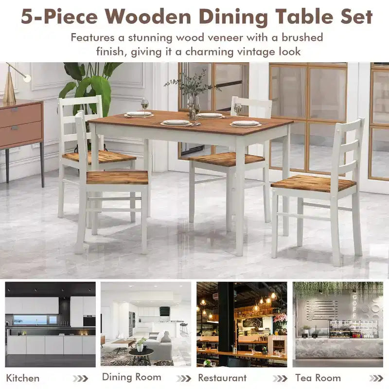 Costway 5-teiliges Esszimmer-Set Massivholz Küchenmöbel mit rechteckigem Tisch & 4 Stühlen Natur/Kaffee/Grau