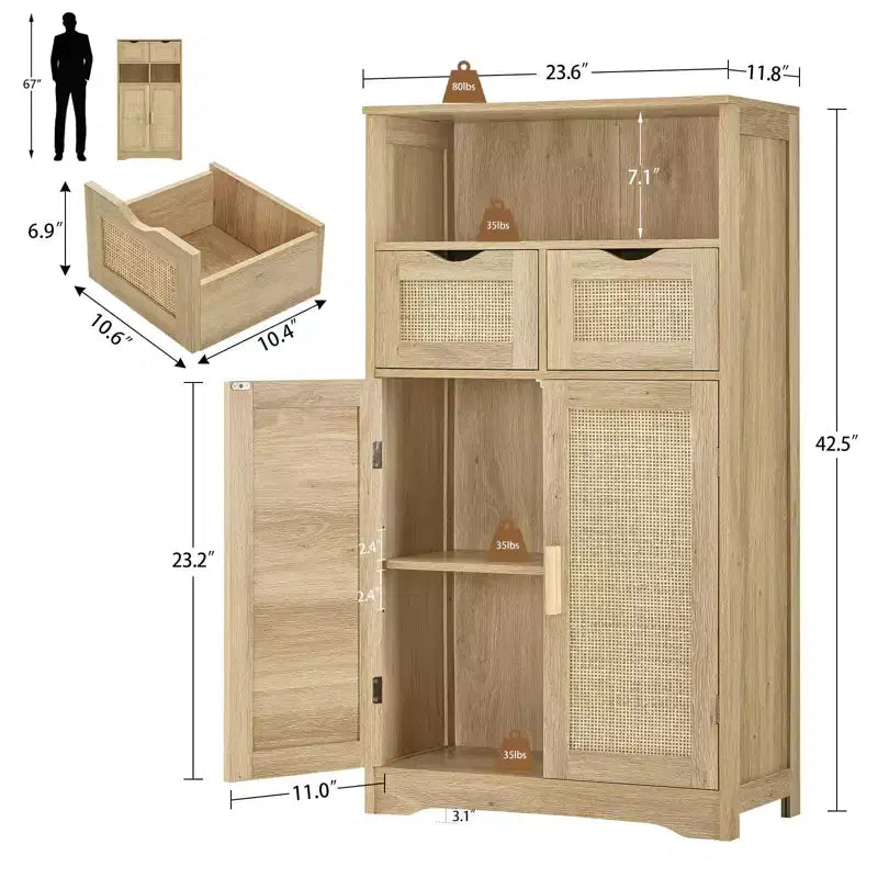 Rattan-Aufbewahrungsschrank mit 2 Schubladen & verstellbaren Einlegeböden für Küche/Zuhause
