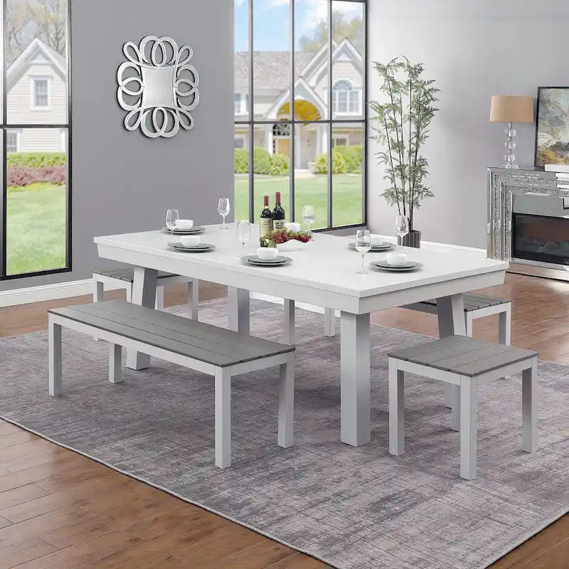 Norwalk Indoor/Outdoor 7-Fuß-Billardtisch in Schieferoptik, Esstischgarnitur für 6 Personen mit 4 Bänken und Zubehör, weißes Finish