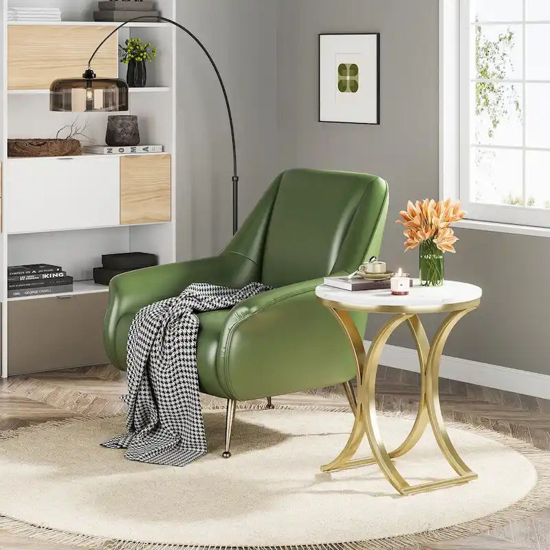 Kleiner, moderner runder Beistelltisch, Couchtisch, Nachttisch mit goldfarbenem Metallgestell und Kunstmarmor-Furnier aus Holzwerkstoff für das Wohnzimmer