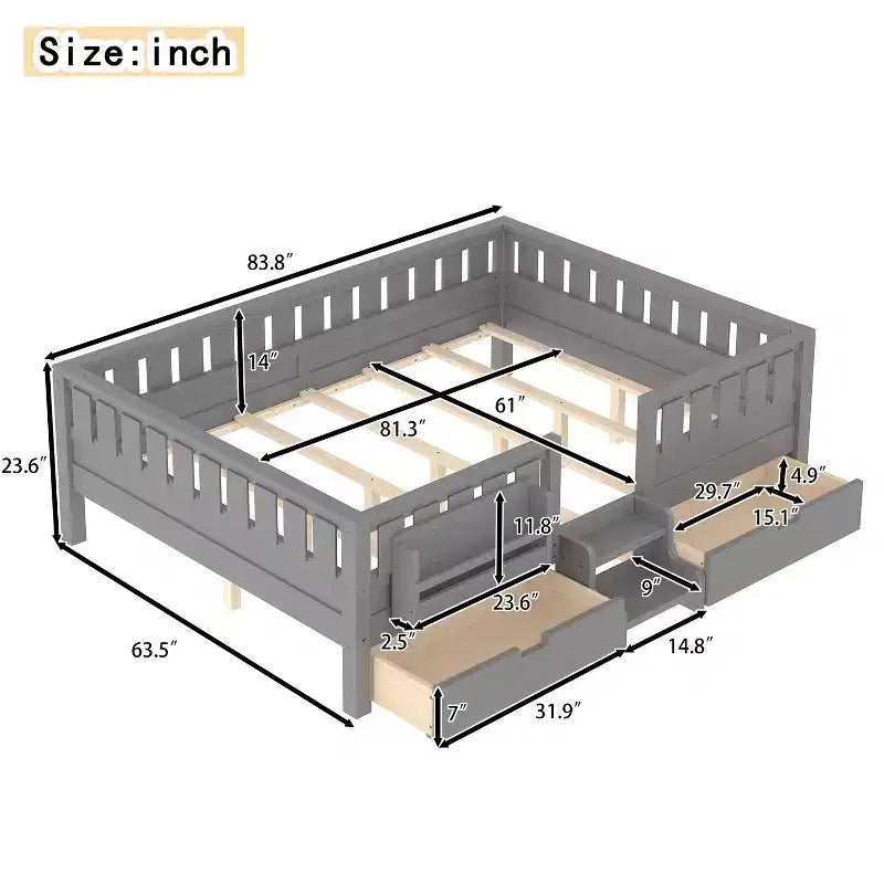 Bellemave Queen-Size-Kleinkindbett mit 14 Sicherheitsgeländern, platzsparender Bettrahmen mit integrierten Bücherregalen & 2 Schubladen unter dem Bett