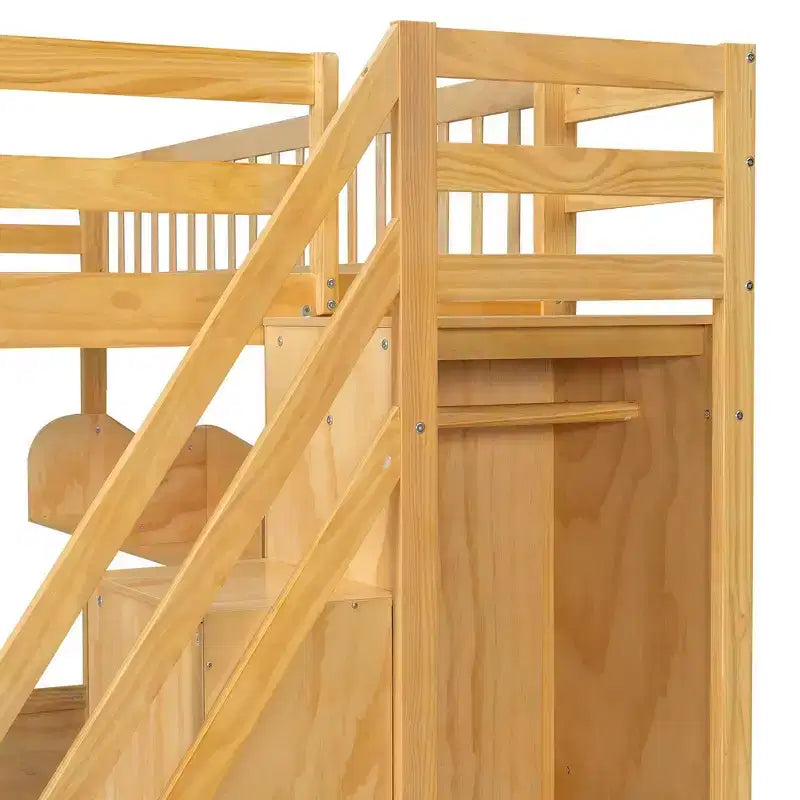 Queen-Hochbettgestell mit Treppe, Kleiderschrank & Regalen - MDF, 650 lb