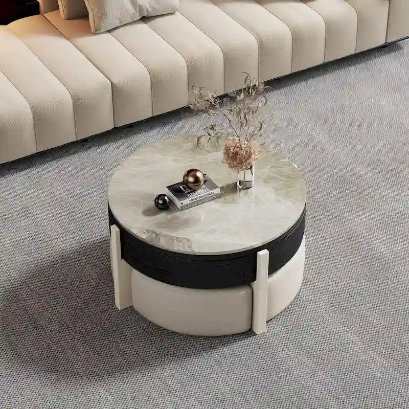 31,5 Zoll moderner Couchtisch, Couchtisch mit höhenverstellbarer Tischplatte und 3 Hockern, Schwarz – 31,5 × 31,5 Zoll