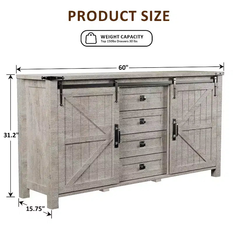 SinCiDo Farmhouse 60-cm-Schminktisch mit verschiebbarer Scheunentür und 4 Schubladen, Schubladenschrank für Wohnzimmer, Schlafzimmer und Kaffeebar