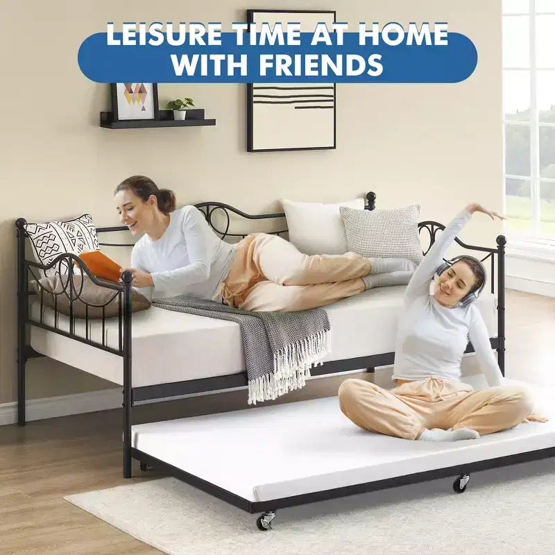 Tagesbett mit Ausziehbett, Metall-Tagesbett mit Gästebett, Tagesbett mit Ausziehbarem Bettrahmen, Sofa mit Stahl-Lattenrost für Kinder, Jugendliche und Erwachsene