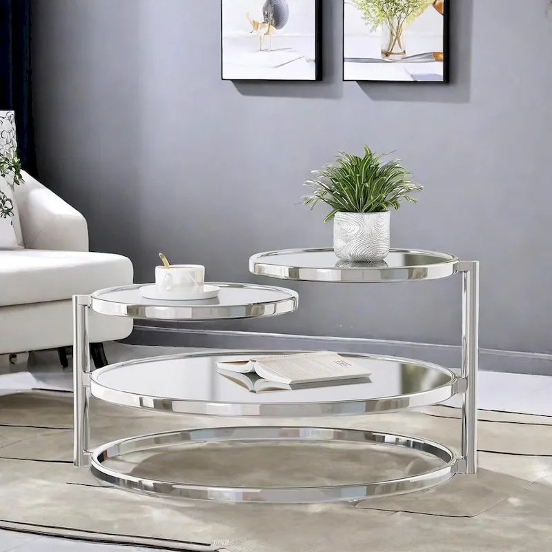Runder Couchtisch aus gehärtetem Glas mit 3 Ebenen und um 360 Grad drehbarer Tischplatte