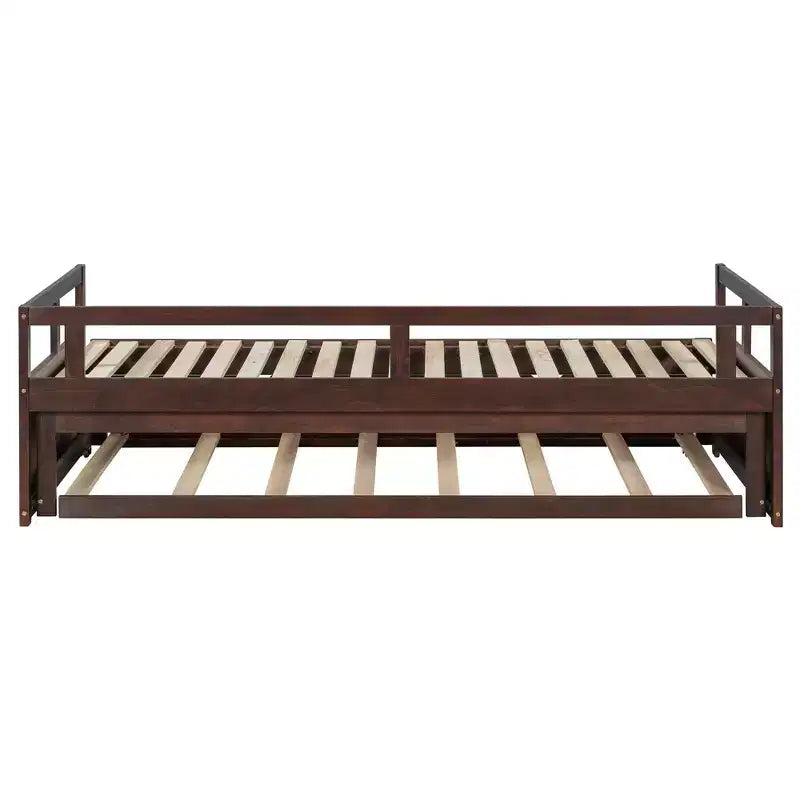 Okak Twin Size ausziehbares Design-Tagesbett mit Bettkasten/Schubladen & Sicherheitsgitter, Massivholz-Plattformbettgestell für Teenager, Erwachsene