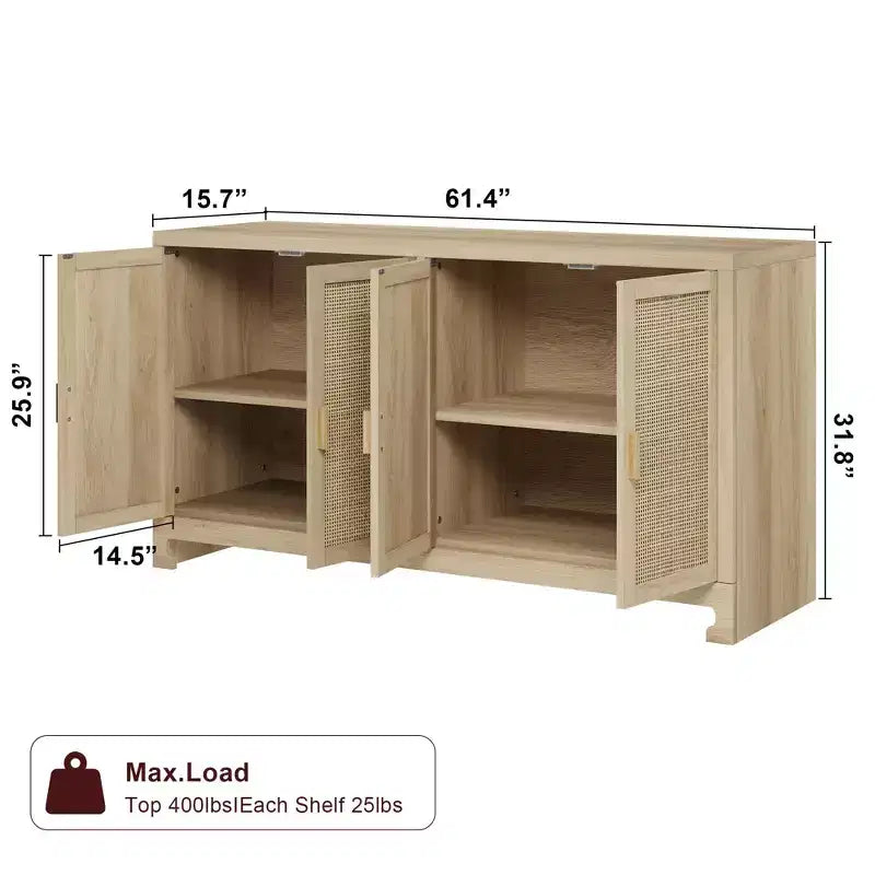 4-türiger Aufbewahrungsschrank aus Geflecht, Buffet-Sideboard mit Ablage, Kaffeebar-Konsole für Küche, Ess- & Wohnzimmer, 36H