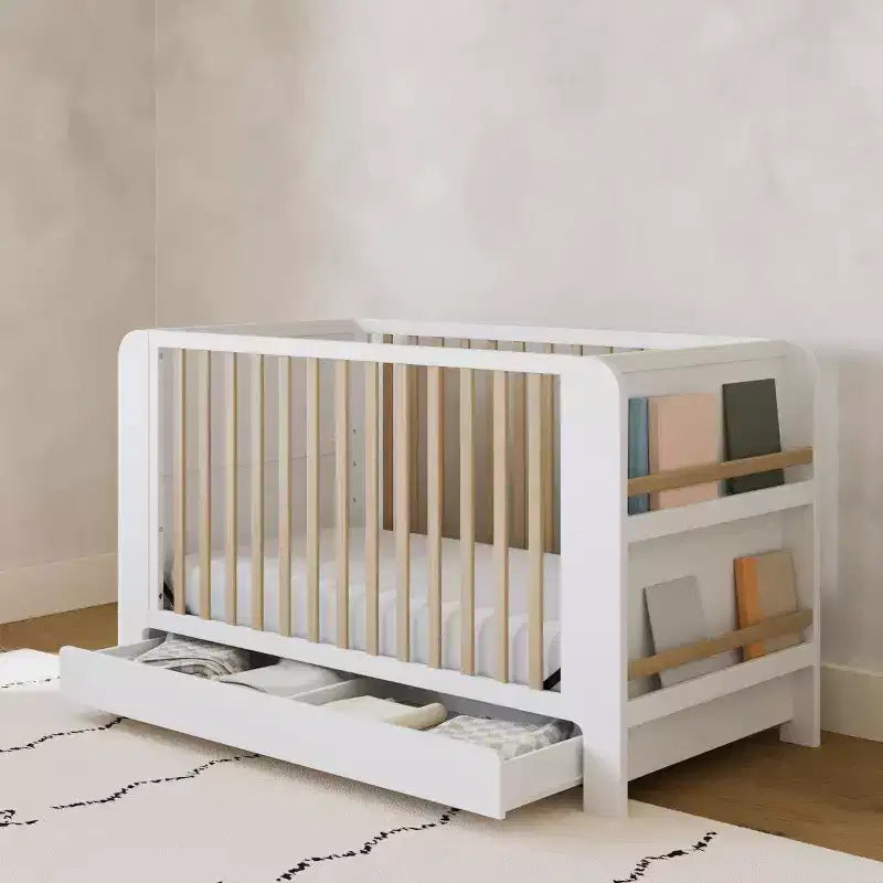 4-in-1 umwandelbares Kinderbett mit Schublade & abnehmbaren Bücherregalen, verstellbarer Matratzenrost