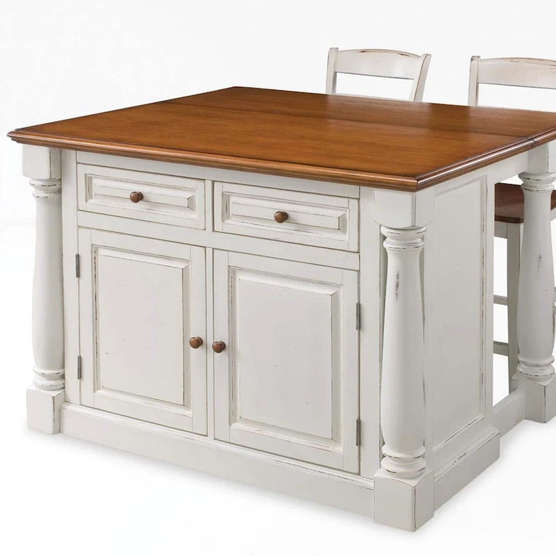 Homestyles Monarch 3-teiliges Kücheninsel-Set aus cremeweißem Holz mit ausklappbarer Holzplatte – 48 x 25 x 36