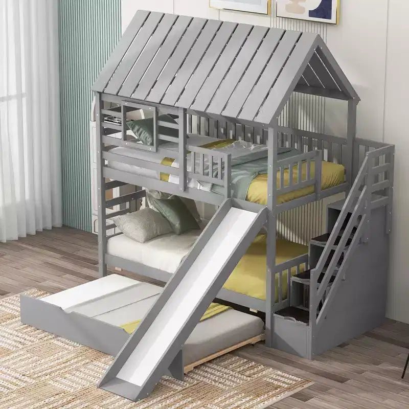 Whisen Etagenbett in Hausform mit zwei Einzelbetten, Ausziehbett, Rutsche, Treppe mit Stauraum sowie Dach- und Fensterdesign