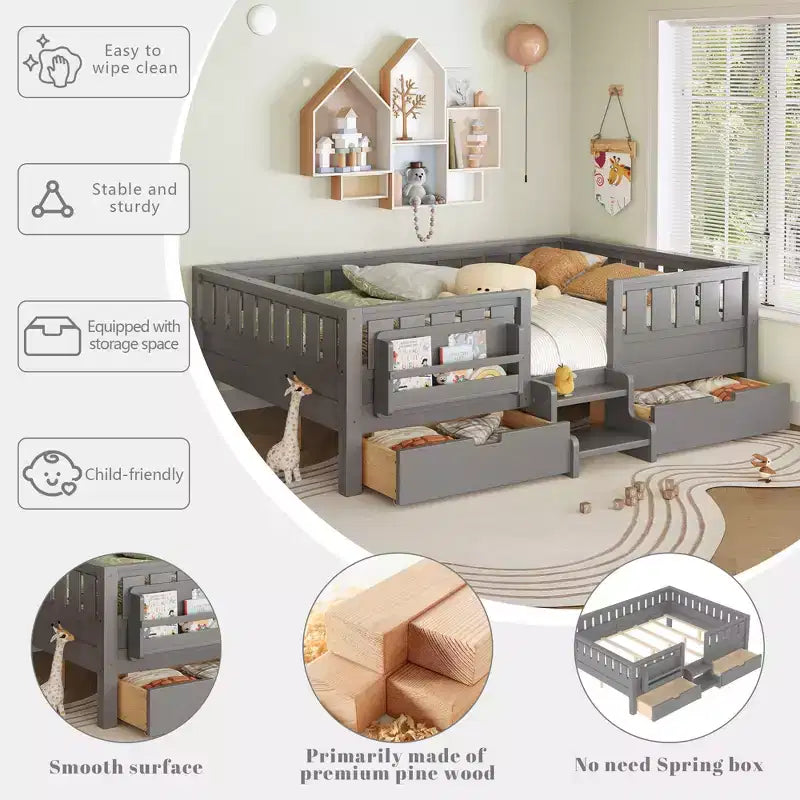 Bellemave Queen-Size-Kleinkindbett mit 14 Sicherheitsgeländern, platzsparender Bettrahmen mit integrierten Bücherregalen & 2 Schubladen unter dem Bett