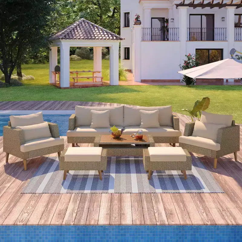 Whisen 6-teiliges Allwetter-PE-Geflecht-Sofaset, Outdoor-Rattan-Sofa mit Doppelkissen