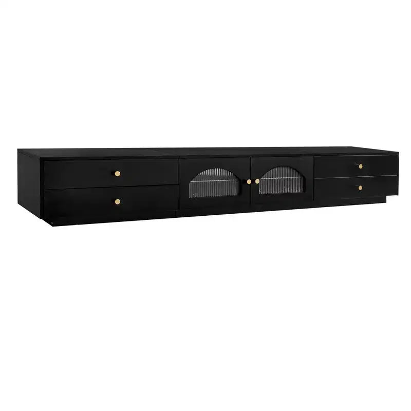 TV-Ständer für 95-Zoll-Fernseher, extra lange Medienkonsole mit 2 Türen und 4 Schubladen, großer TV-Schrank mit geriffelten Glastüren
