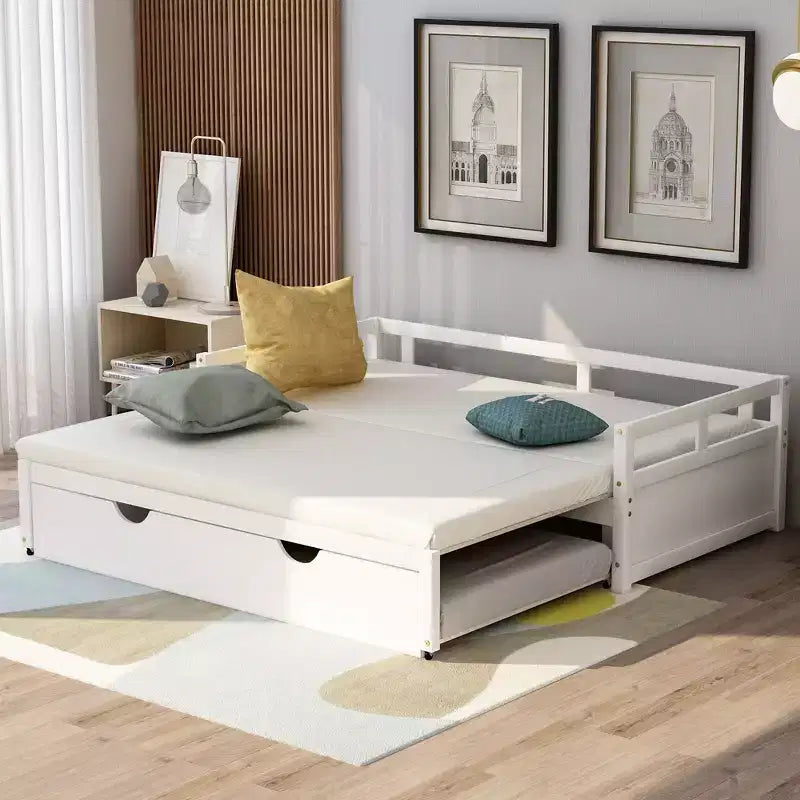 Okak Twin Size ausziehbares Design-Tagesbett mit Bettkasten/Schubladen & Sicherheitsgitter, Massivholz-Plattformbettgestell für Teenager, Erwachsene