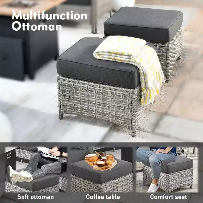 HOMLUX 6-teiliges Terrassen-Loungeset aus Polyrattan mit 3-Sitzer-Sofa und Polstern, Rattanstühlen, Hockern und Couchtisch