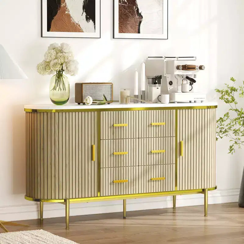 59-Zoll-Sideboard im Landhausstil mit geriffelter Front, TV-Lowboard mit 6 Schubladen und 2 Schiebetüren, vielseitiger Aufbewahrungsschrank fürs Wohnzimmer