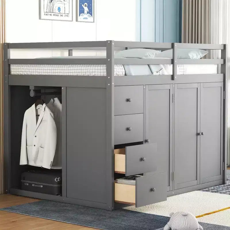 Teddy-Fleece-Tagesbett mit Staubrett und Schubladen, hohes Hochbett aus Holz mit vielseitigem Schreibtisch fürs Schlafzimmer