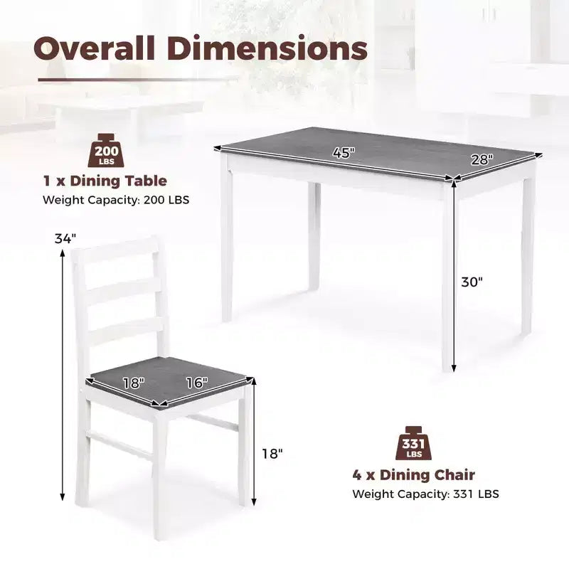 Costway 5-teiliges Esszimmer-Set Massivholz Küchenmöbel mit rechteckigem Tisch & 4 Stühlen Natur/Kaffee/Grau