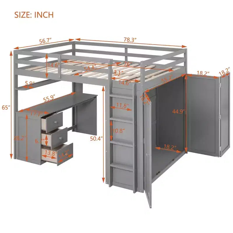 CLIHOME Hochbett in Full-Size mit 3 Schubladen, Schreibtisch und Kleiderschrank