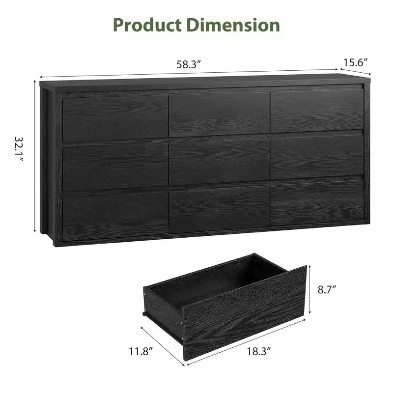 Kommode mit 9 Schubladen für das Schlafzimmer, breiter moderner Schubladenschrank aus Holz mit großem Stauraum, Holzkommode für Wohnzimmer, Flur und Eingangsbereich