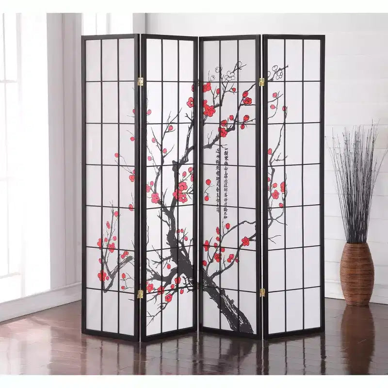 Roundhill Furniture Japanischer 4-Panel Raumteiler, Pflaumenblüte