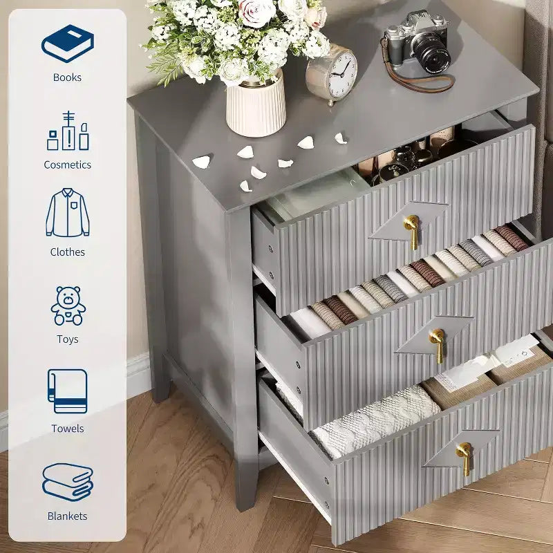 2 Stück geriffelte Holz-Nachttische, 27,5 breit, 3-Schubladen-Kommoden-Set, moderne Beistelltische, Schubladenschrank für Schlafzimmer und Wohnzimmer