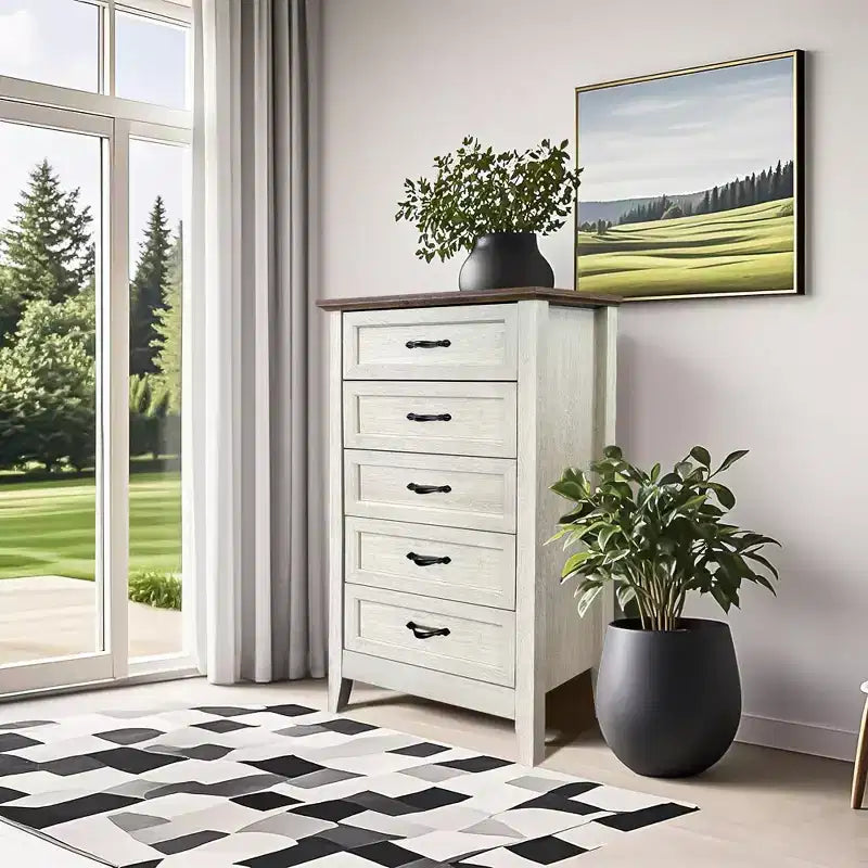 Kommode im Landhausstil, rustikale Holzkommode mit 5 Schubladen für den Kleiderschrank, hoher Schubladenschrank mit Metallgriffen
