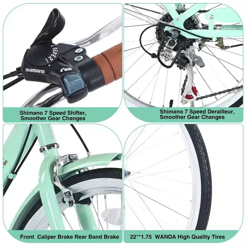 Okak 22-Zoll-Cruiser-Fahrräder mit Frontkorb, Mädchenfahrrad mit Stahlrahmen, V-Bremse und Komfortsattel, Fahrrad für Mädchen und Frauen