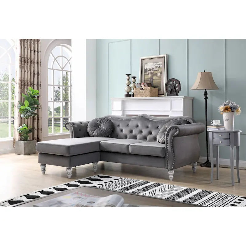 Hollywood-Samtsofa mit beidseitig montierbarer Chaiselongue