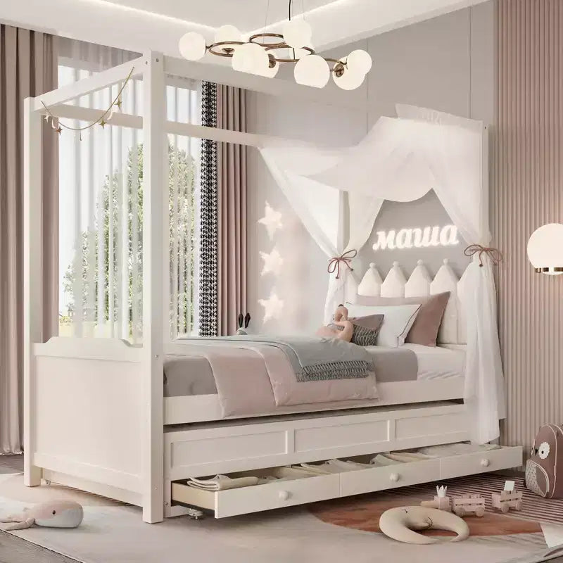 Doppel-/Einzelbett-Plattformbett mit Ausziehbett, Prinzessinnen-Himmelbett aus Holz mit 3 Schubladen, Stauraumbett mit gepolstertem Kopfteil für das Schlafzimmer