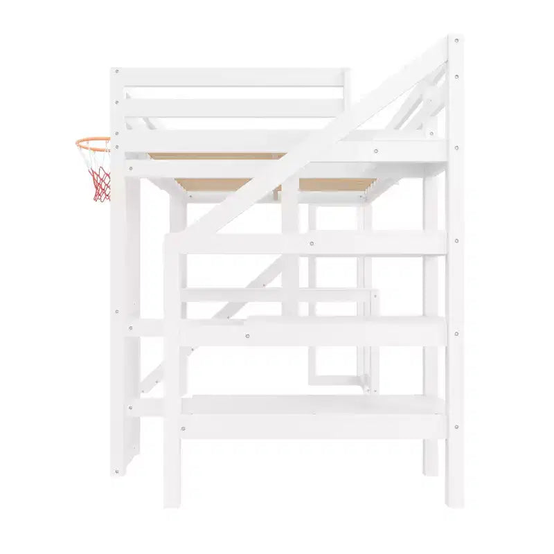 Luxystar Komplettes Hochbett aus Holz mit Schreibtisch, Rutsche, Basketballkorb und Aufbewahrungstreppe für Kinder und Jugendliche