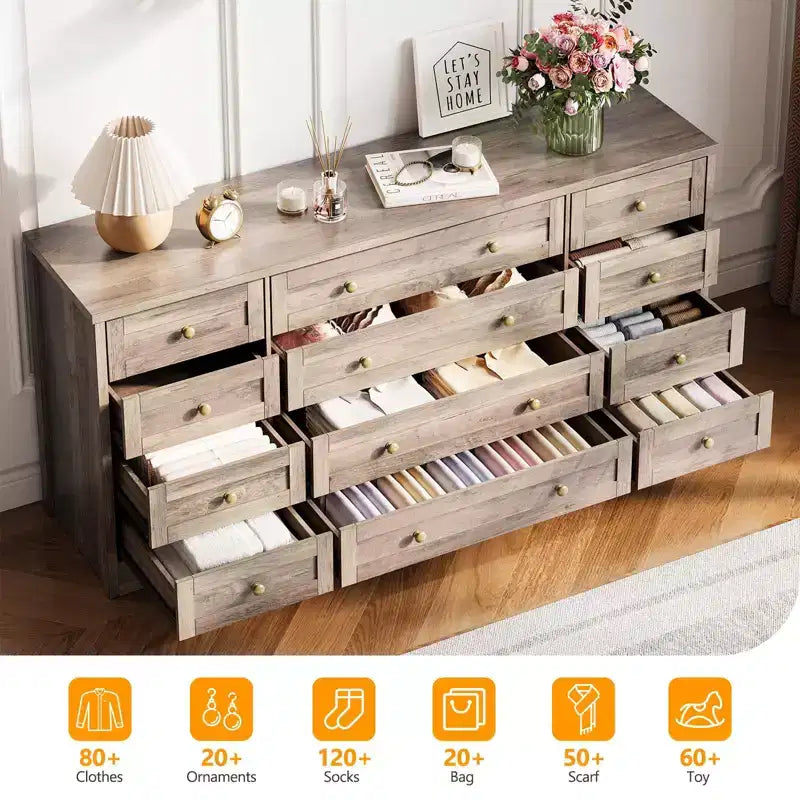 Kommode mit 12 Schubladen für das Schlafzimmer, aus Holz, moderner breiter TV-Ständer für 65-Zoll-Fernseher, Holz-Schubladenkommode, Landhausstil-Kleiderschrank für das Wohnzimmer