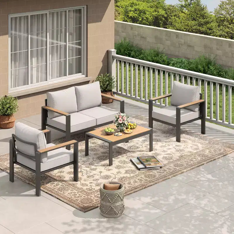 Aluminium-Terrassenmöbel-Set, Outdoor-Ecksofa mit 5 dicken Kissen, 4 Armlehnen & Couchtisch für Garten, Terrasse, Hinterhof