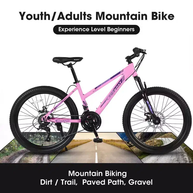 NAYSAYE Fahrrad 26 Zoll Mountainbike mit 21-Gang-Schaltung und Dual-Scheibenbremsen für Teenager und Damen, Pink, 65*24,8*37,4