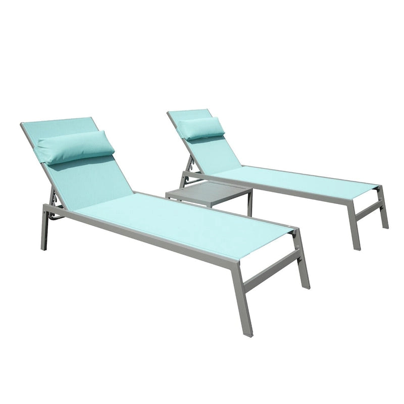 3-teiliges Terrassen-Liegen-Set, Aluminium-Poolliegen mit Beistelltisch, verstellbare wetterfeste Outdoor-Liegestühle