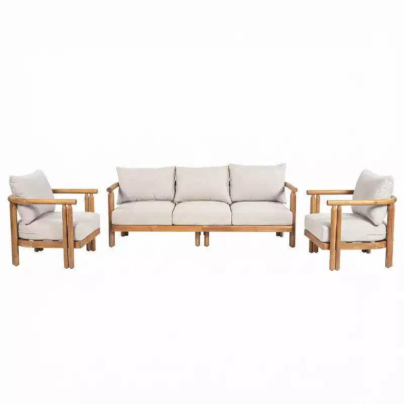 ModernLuxe 3-tlg. Terrassen-Sofa-Set, Outdoor-Sitzgruppe, wetterfestes Gartenmöbel-Set mit weichen Kissen & Clubsesseln, Beige & Teak