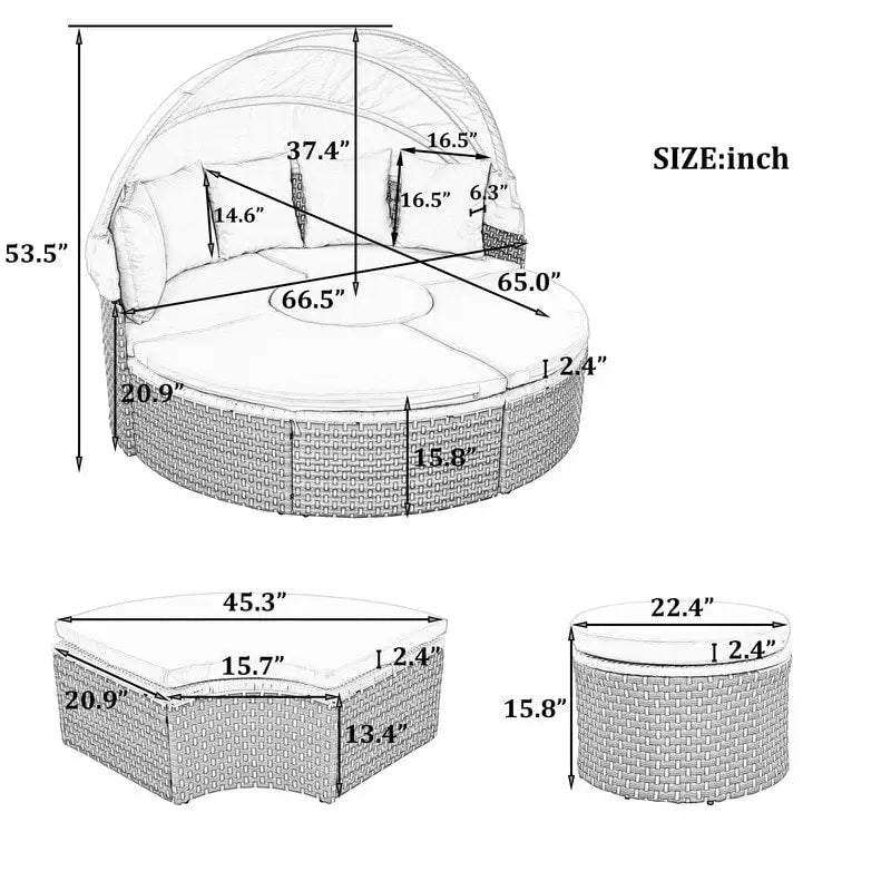 Rundes Outdoor-Tagesbett, zweifarbiges Flecht-Sonnenbett mit versenkbarem Dach